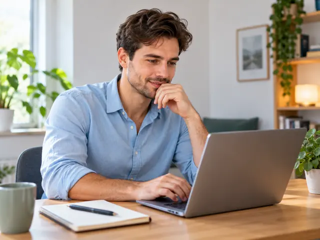 Een man vergelijkt online informatie op zijn laptop
