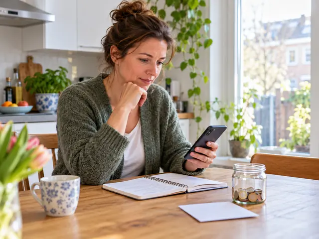 Een vrouw bekijkt haar telefoon naast een notitieboek en een pot met spaargeld