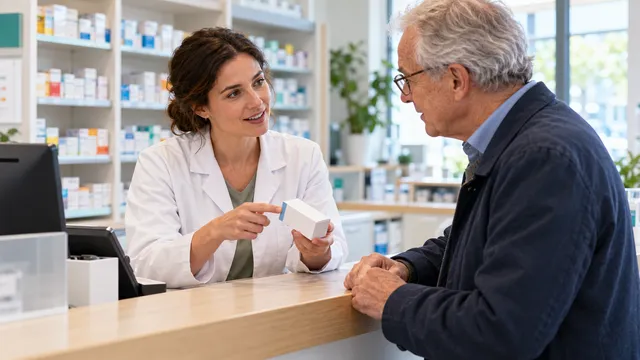 Een apotheekmedewerker bespreekt een medicijnverpakking met een oudere bezoeker