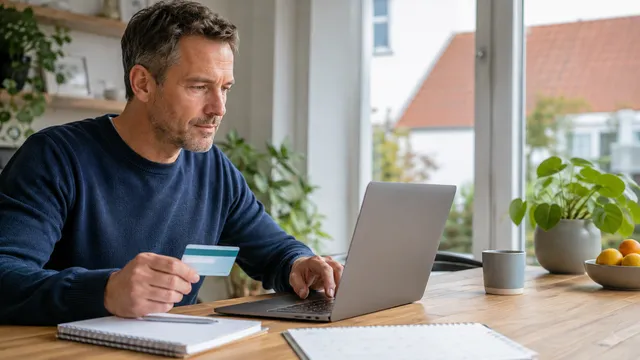 Iemand bekijkt online verzekeringsinformatie achter een laptop