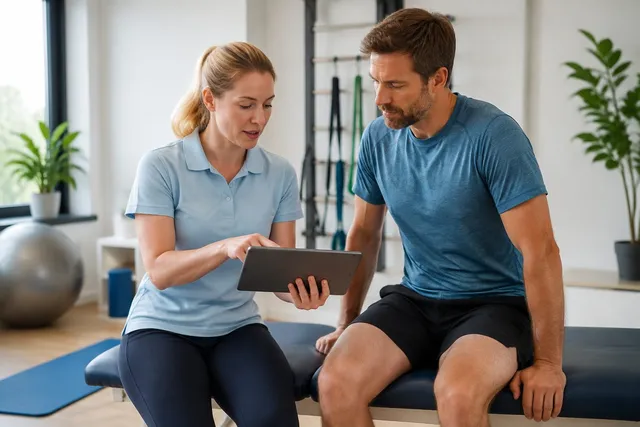 Twee mensen bespreken informatie in een fysiotherapiepraktijk